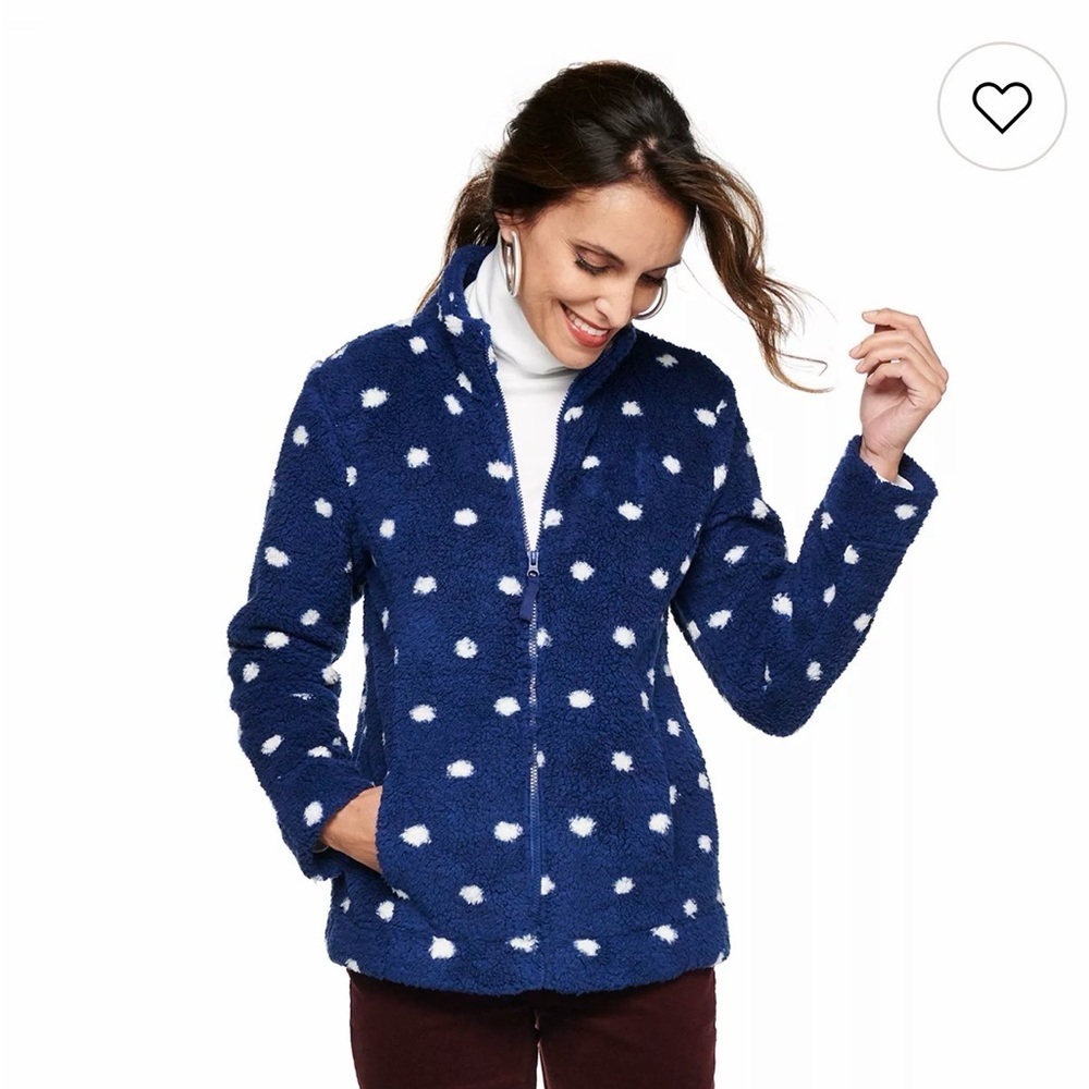 Croft & Barrow full-zip sherpa jacket in navy blue with white polka dots size XL